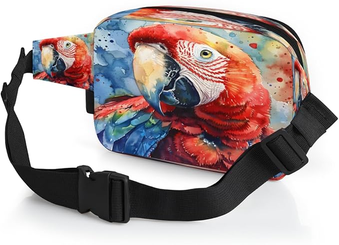 Watercolour Parrot Waterproof Fanny Pack for Women Men Adjustable Waist Bag with Double Zipper Pockets Lightweight Square Hip Pack for Running Travel Hiking Workout Cycling
