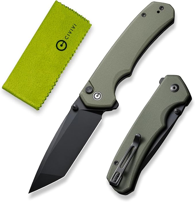 CIVIVI Brazen Folding Knife Button Lock Pocket Knife with 3.46'' Swedish 14C28N Tanto Blade Ultra-Grip G10 Handle Low Profile Clip for EDC C19059C-2 (OD Green)