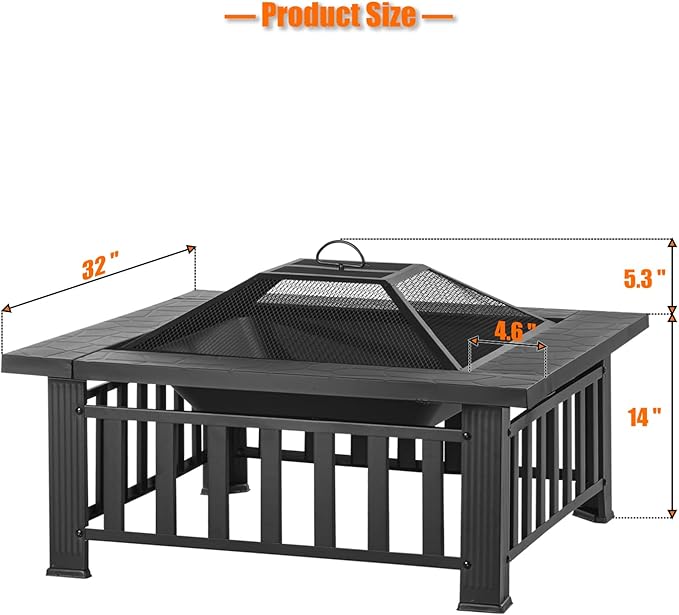 EcoNook 32 inch Fire Pit Square Outdoor Fire Pit Table with Spark Screen &amp Fire Poker 3-in-1 Multipurpose Firepits for Outside Fireplace for Yard Garden Patio