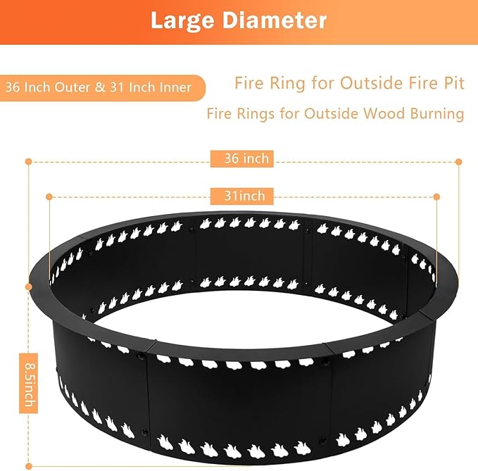 Outdoor Smokeless Fire Pit Ring 31 inch Metal Steel Firepit Ring Insert Round Firepit Ring for Outside Wood Burning DIY Fire Pits Outdoor Fire Place for Camping Garden Patio Backyard