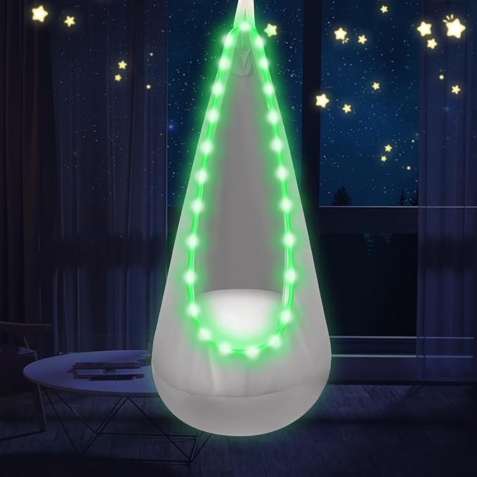 Light Up Swing Chair Hammock Chair Indoor Outdoor for Kids Pod with LED Lights Soft and Safe 176 lb. Load Capacity Easy Installation Perfect for Bedroom Garden and Playroom (Gray)