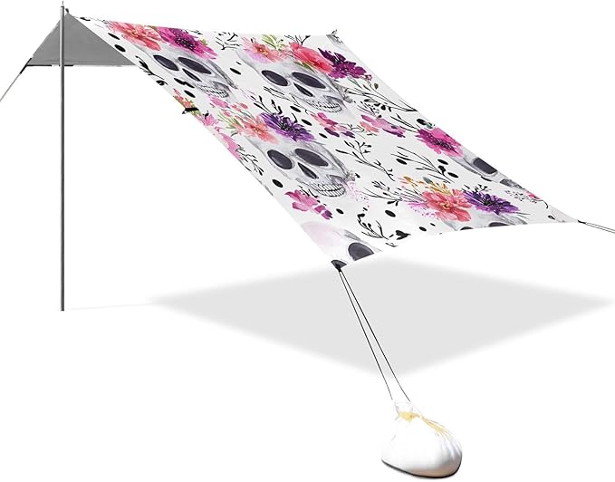 ALAZA White Skull Flowers Pattern Beach Tent Sun Shelter Portable Canopy Sunshade for Outdoor Camping Picnics Backyard Fun 10x9 ft