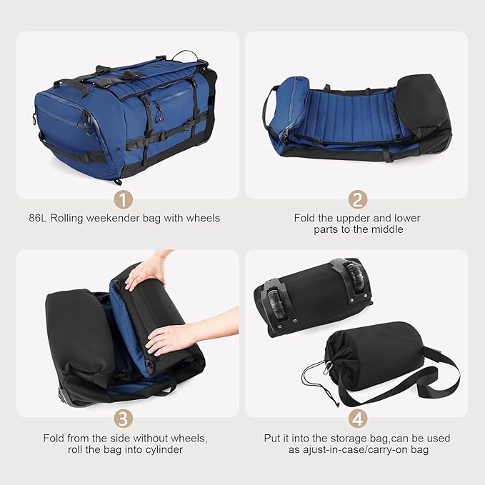 Rolling Duffle Bag with Wheels86L 30”Carry on Luggage with WheelsFolding Travel BagDuffle Backpack with Separate Shoe Compartment (dark blue)