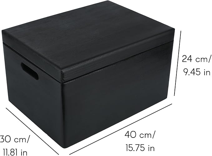 Creative Deco Large Black Wooden Box Storage with Hinged Lid | 15.8x11.8x9.44in (+-0.5) | Keepsake Gift Box Storage Document | Wood Chest Trunk PRODUCT NOT INTENDED FOR 15 YEARS OR BELOW