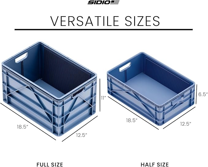 SIDIO Crate Basic Pack - 2 Full-Size &amp 1 Half-Size Heavy Duty Stackable Storage Bins Totes Containers with Dividers - Durable Plastic Organizer for Home Office Garage and Outdoor Use Aircraf