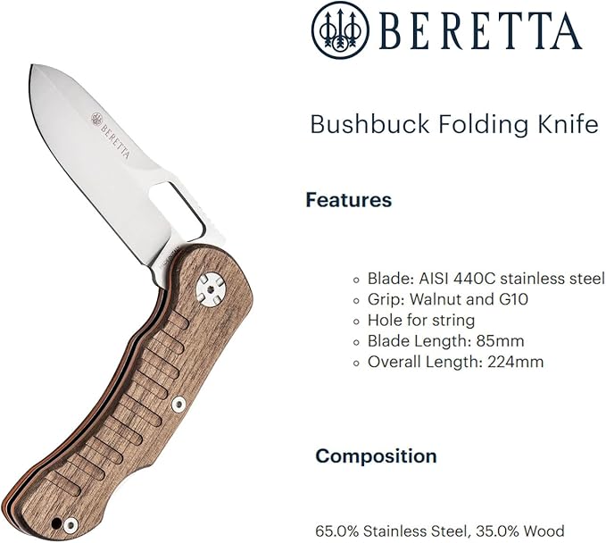 Beretta Bushbuck Folding Knife | 85mm Stainless Steel Blade with Walnut &amp G10 Handle | Compact Versatile Outdoor Hunting Knife