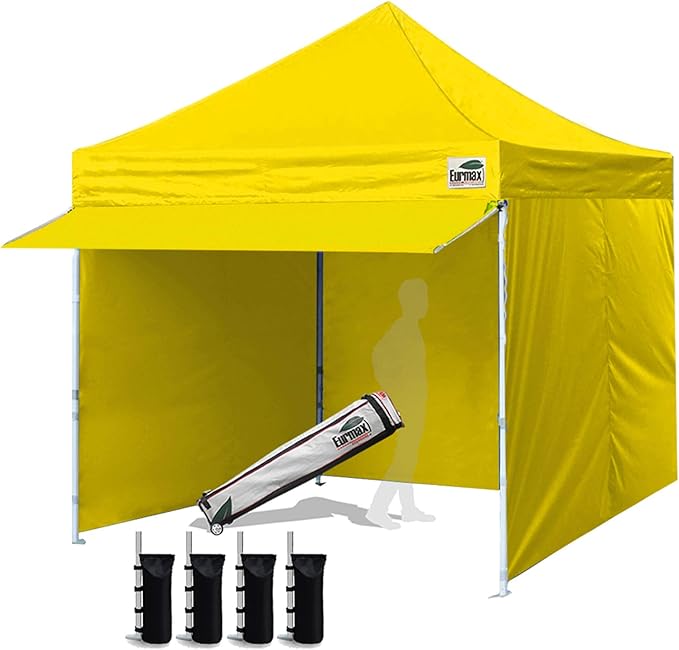 Eurmax USA 10x10 Pop Up CanopyCommercial Tent with Patented No-Tip Rolling Bag24sqft Extension Awning &amp 4 Zippered Removable WallsUV &amp Water ResistantHeavy Duty Instant Shelter GazeboYell