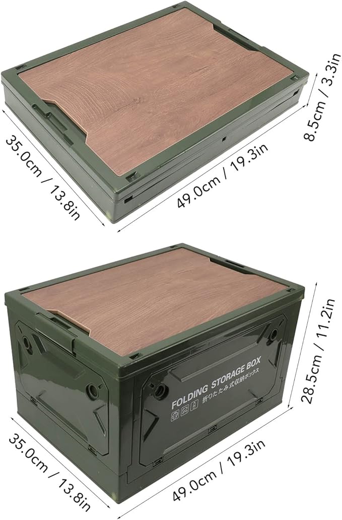 Folding Camping Storage Box with Wooden Lid Storage Bin Container with Wheels for Car Camping Picnic