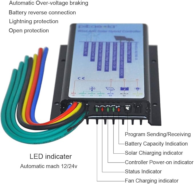 Pikasola Hybrid Wind &amp Solar Controller for 12V/24V Battery Auto 30A Charge Controller for Off Grid Max 800W Wind Turbine &amp 1000W Solar Panel with MCT Charging