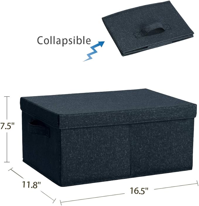 HOONEX Linen Foldable Storage Bins with Lids 2 Pack Storage Boxes with Carrying Handles and Sturdy Heavy Cardboard 16.5 L x 11.8 W x 7.5 H for Shoes Books Clothes Nursery Dark Grey