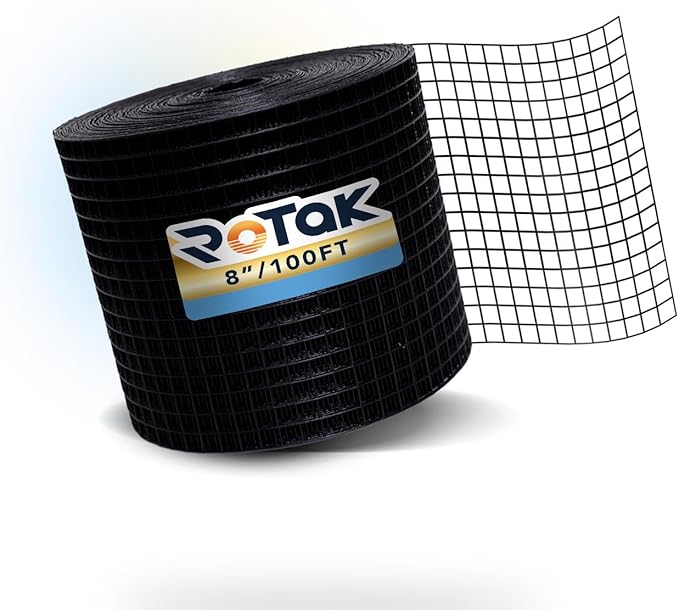 ROTAK Critter Guard - 8in x 100ft Solar Panel Bird Guard - Galvanized Black PVC Coated ½ inch Wire Roll Mesh (8 x 100')