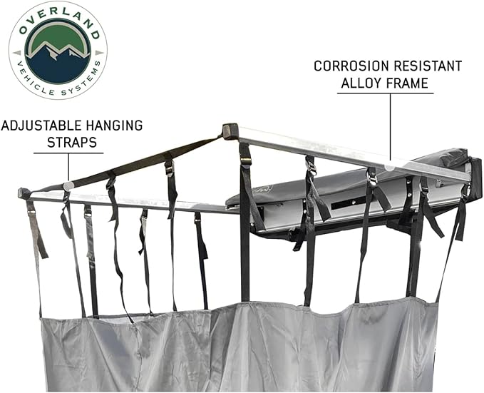 Overland Vehicle Systems HD Nomadic Car Side Shower Room with Black 1000G PVC Travel Cover Universal L - Brackets Dark Grey Body with Silver Inner Lining