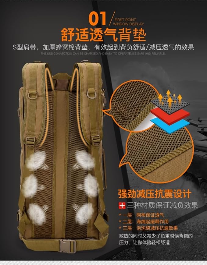 Military Tactical Backpack 55L Extra Large Waterproof Outdoor Hiking Backpack Men's Camping Backpack Hiking Duffel Bag for Hunting Hiking Fishing Climbing Travel Deserts (Color : B)