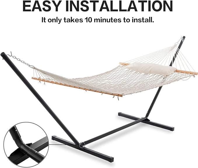 PNAEUT Double Rope Hammock with Stand Included 12ft Heavy Duty Stand 2 Person Traditional Cotton Rope Hammocks with Pillow for Outside Porch Patio Backyard Outdoor Max 475lbs Capacity (Burlywood)