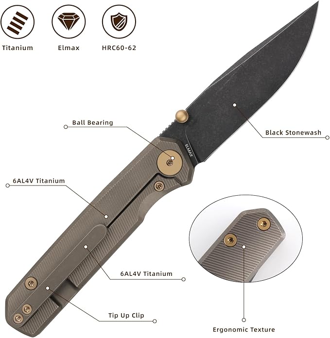 Folding Pocket Knife 2.95 Elmax Blade EDC Knife with Titanium Handle and Frame Lock Small Pocket Knife with Clip for Men Sharp Camping Hiking Hunting Survival Knives (Gold)