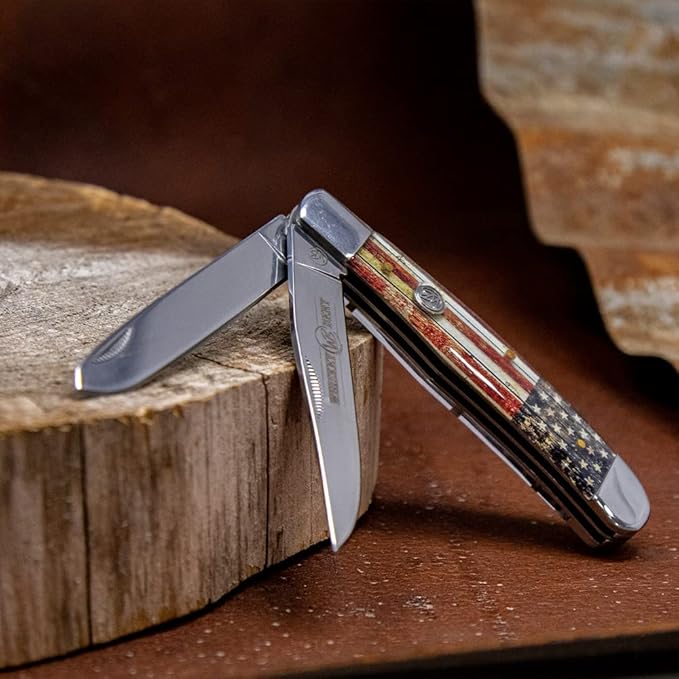 WHISKEY BENT HAT CO. Traditional Trapper Folding Pocket Knife 4.125 Closed Length 440C Stainless Steel Blades (Patriot)