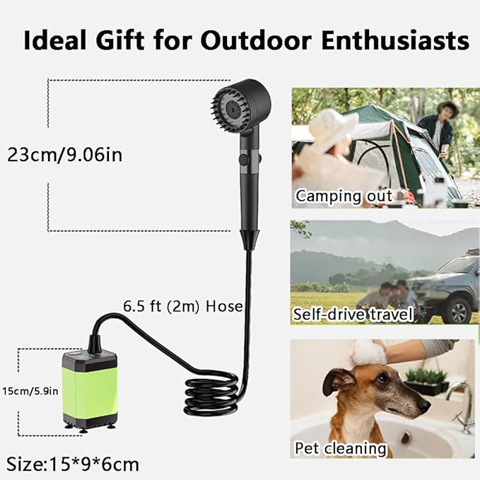 Portable Shower for Camping 6000/12000mAh Rechargeable Camping Shower with Intelligent Digital Display Camping Shower Pump with Power Display for Hiking Travel Car Pet Green6000mAh