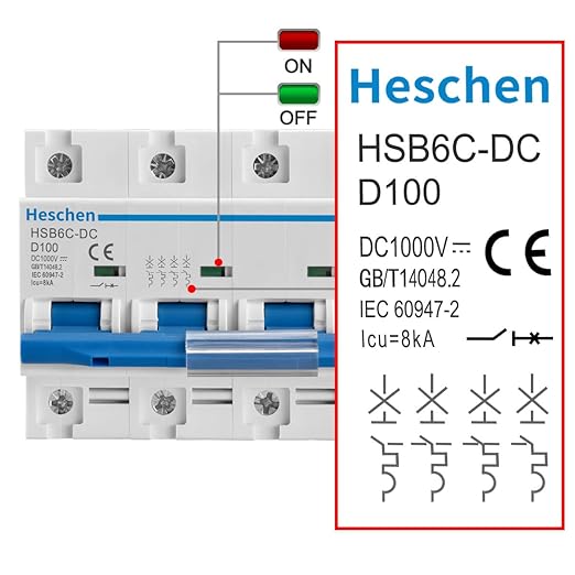 Heschen DC Miniature Circuit Breaker HSB6C-DC 4 Poles DC1000V 100A Photovoltaic Circuit Breaker for Solar PV System Solar Panels Grid System 35mm DIN Rail Mounting