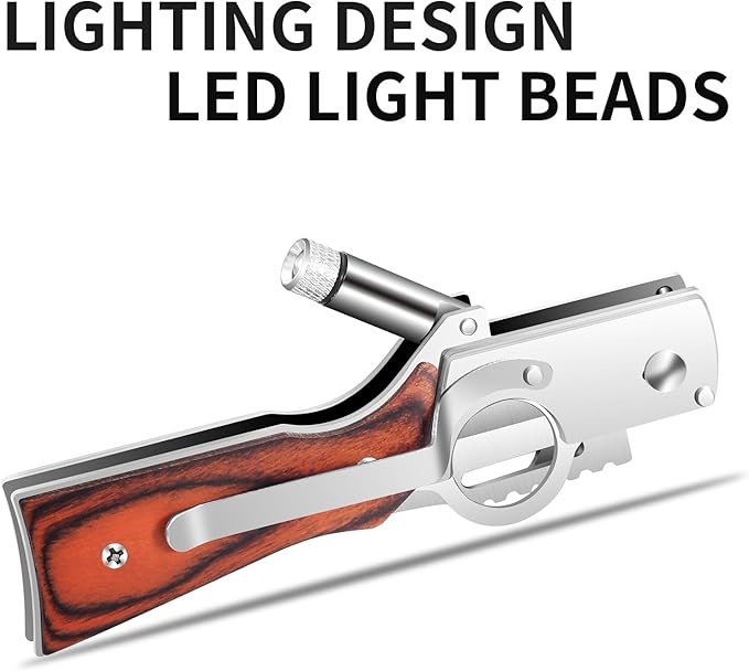 AK47 Style Tactical Folding Knife 6-Pack – Bulk Set with LED Light Wood Handle Laser Engraving Ready Best Man Gifts Outdoor Camping Hiking Gear for Groups (6)