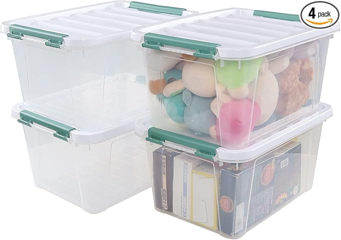 4-Pack Latching Box Storage Bins with Lids Clear Plastic 20 Quart Heavy-Duty Organizing Containers for Closet Bathroom and Office
