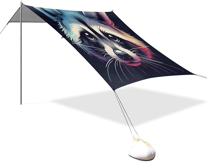 ALAZA Raccoon Portrait Gradient Beach Tent Sun Shelter UPF50+ Protection Beach Shade Canopy w/ 4 Sandbags for Outdoor Camping Fishing Backyard Fun Picnic 10x9 ft