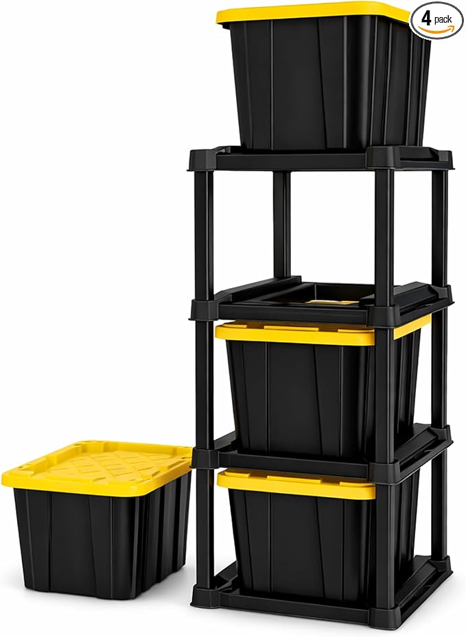 Sterilite 4 Tier Tote Rack Vertical Plastic Organizer with 4 Pack 27 Gallon Industrial Storage Totes Black - for Garages Workshops or Basements