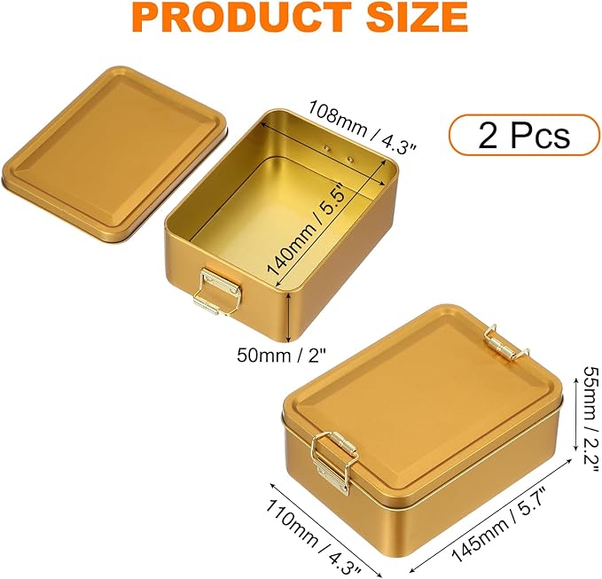 uxcell 2Pcs Metal Tinplate Box with Lids 5.7x4.3x2.2 Empty Rectangular Tin Box Container with Clasp for Home Office Travel Organizer Gifts Cookies Pencil Case Craft Gold
