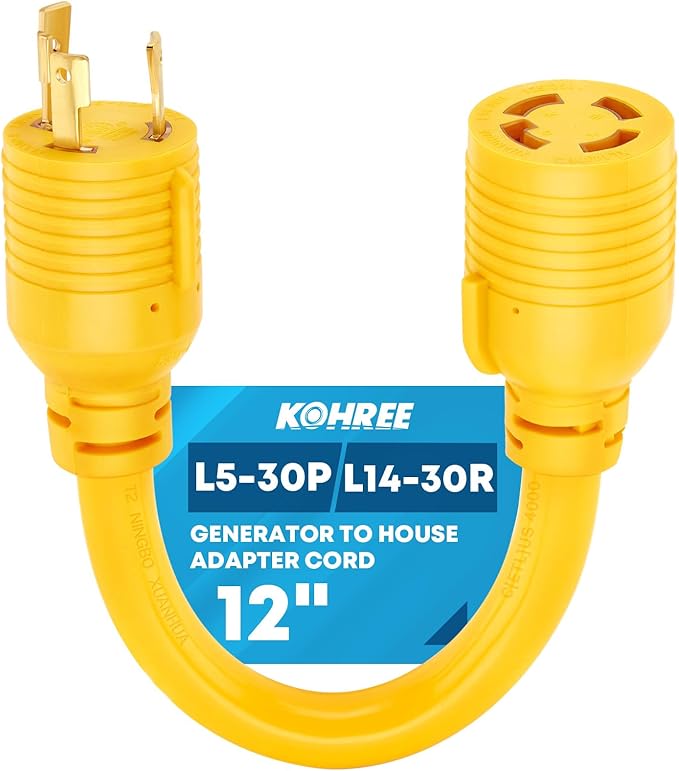 Kohree NEMA L5-30P to L14-30R Adapter Cord 3 Prong to 4 Prong Generator Adapter STW 10 AWG 12 30 Amp L5-30P Male Generator to L14-30R Transfer Switch Female Adapter