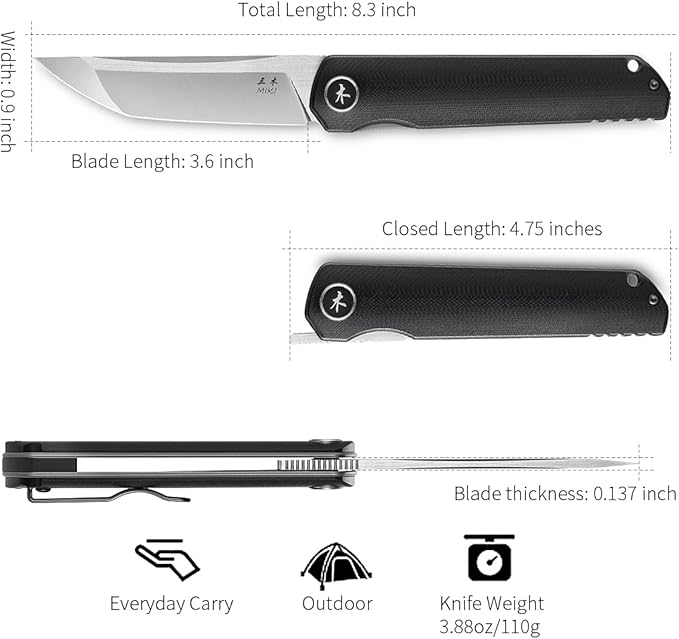Miki Pocket Samurai Folding Knife G10 Handle Tanto w/ D2 Plain Blade Outdoor Camping Hiking Knife Fishing And Everyday Carry nique Tool Gift for EDC Men Women (Black-A)