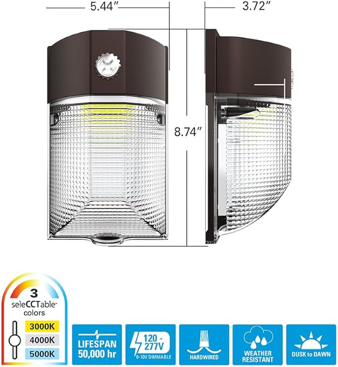 150- Watt Equivalent Integrated LED Bronze Finish Dusk to Dawn Mini Wall Pack Light Selectable CCT 3000K/4000K/5000K