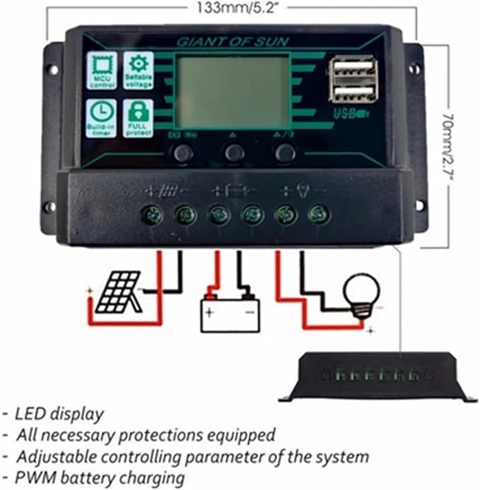 Solar Charge Controller 150A 100A 60A 50A 30A 20A 10A MPPT PWM Solar Char Controller 12V 24V LCD Display 2 USB Port Solar Panel Battery Regulatorfor Solar Panels(10A)