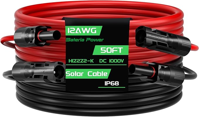 50FT 12AWG Solar Panel Extension Cable Bateria Power 12 Gauge PV Wire with Female &amp Male Waterproof Connectors for RV Photovoltaic Systems Set of 2