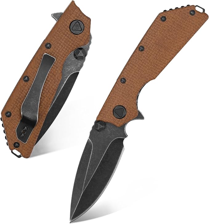 Eafengrow EF335 Folding Knives D2 Blade and Micarta Handle5 inch Closed EDC Pocket Folding Knife with Clip (Micarta Brown)