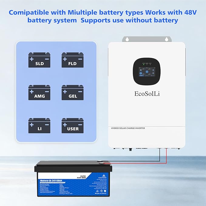 10000W Hybrid Solar Inverter48V DC to 110V/240V(settable) AC Split Phase Solar InverterUL1741 Pure Sine Wave Inverter Built-in 2 MPPTs Max 220A Battery Max. 6 Parallel for Home RVs Lead Acid/Li