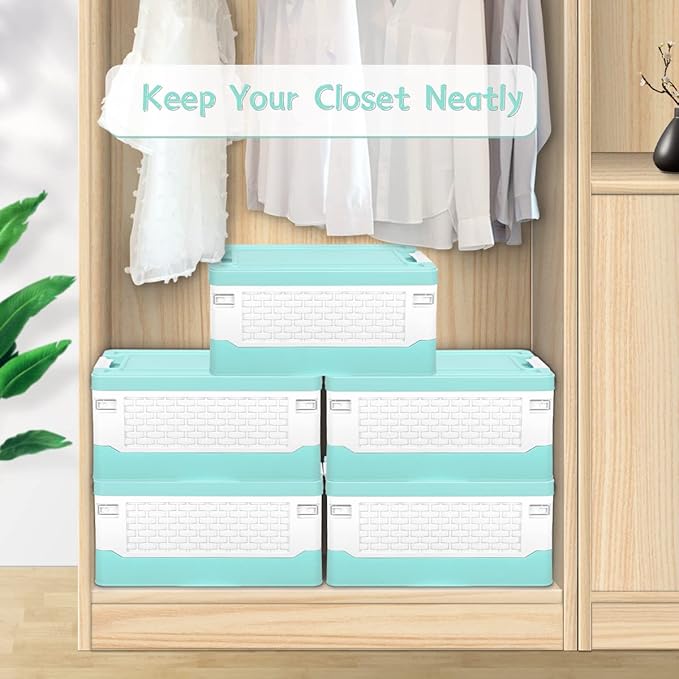 TOPCJ Foldable Storage Bins with LidsCloset OrganizerStackable Plastic Storage Containers with Secure Latching BucklesPerfect Storge Box Organization for Homehome Office(Blue)