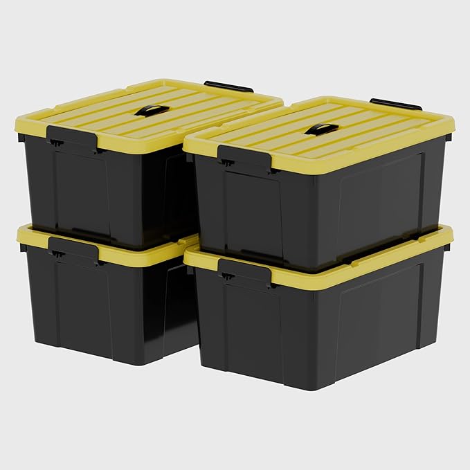 95Qt*4 Durabilt Flip Lid Stackable Heavy Duty Tough Storage Container Tote Plastic Storage Bins Storage Box Black Base with Yellow Lid (4 Pack)
