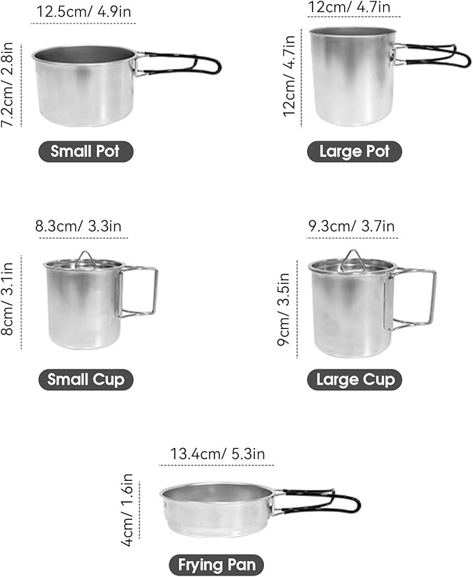 5PCS Stainless Steel Camping Cooking Set Cookware Mess Kit Cook Pots and Pan Set with Cups &amp Storage Bag Lightweight Camping Cookware for Hiking Backpacking Outdoor Cooking and
