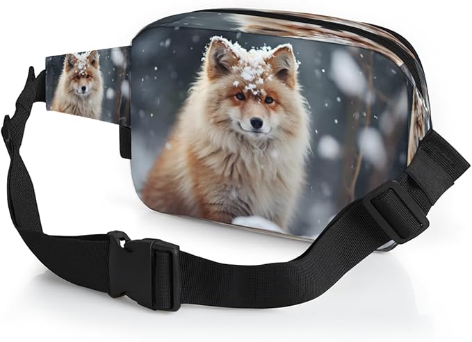 Cute Fox Snow Waterproof Fanny Pack for Women Men Adjustable Waist Bag with Double Zipper Pockets Lightweight Square Hip Pack for Running Travel Hiking Workout Cycling