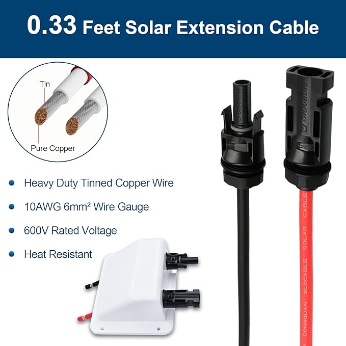 Solar Cable Entry Gland with 0.33Ft 10AWG Solar Extension Cable UV Resistance Dual Solar Junction Box with Connectors on RV Boat Van Camper(White)