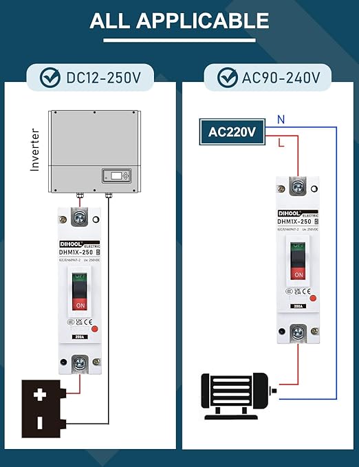 DIHOOL 200 Amp DC Breaker 240V Battery Disconnect Switch Thermal Magnetic Trip for Main Power Station Solar System UPS