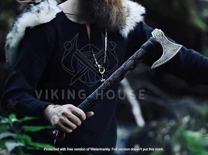 | Viking Axe | Wolf &amp Vegvisir Carbon Steel Axe Head | Wolf Camp Axe | Genuine Leather Sheath &amp Wrap | Bearded Axe | Ragnar Lothbrok Axe...