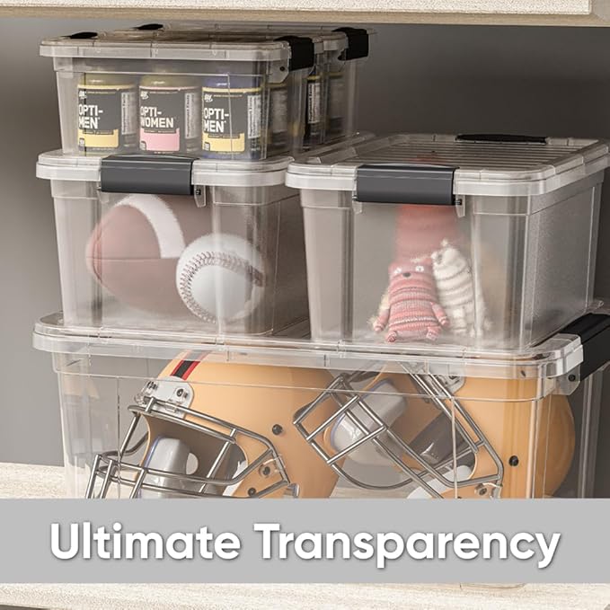 Superio Storage Bins with Lids- 12 Pack 2.5 Qt Clear Boxes for Organizing Stackable Plastic Containers- BPA Free Non-Toxic Odor Free Organizer for Home Office Dorm