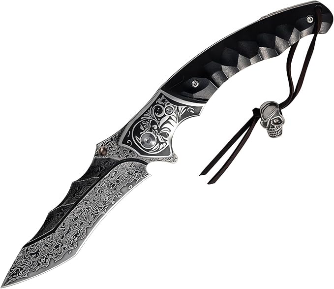 Damascus Steel Folding Knife Personalized Engraving Outdoor Gear Damascus Hunting Knife with Leather Sheath HRC 60 Knives Men Gifts Gifts for Hunters Men who have Everything