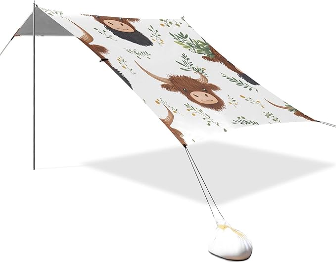 ALAZA Cartoon Highland Cattle Leaves Pattern Beach Tent Sun Shelter Portable Canopy Sunshade for Outdoor Camping Picnics Backyard Fun 10x9 ft