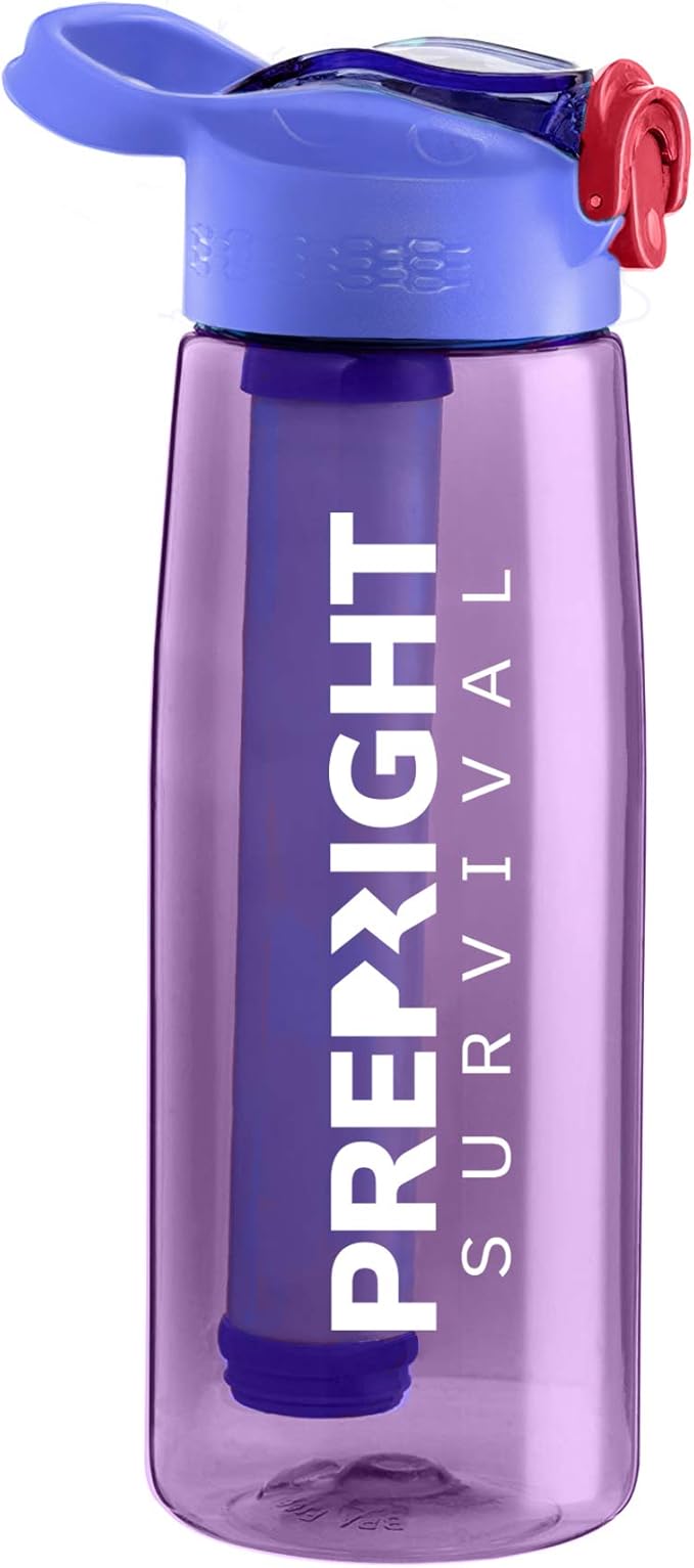 Survival – 4-Stage Water Filter Bottle BPA-Free 22oz Camping Water Bottle with Built-In Compass Travel and Emergency Preparedness Gear Purple