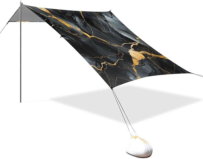 ALAZA Gold &amp Black Marble Beach Tent Sun Shelter UPF50+ Protection Beach Shade Canopy w/ 4 Sandbags for Outdoor Camping Fishing Backyard Fun Picnic 10x9 ft