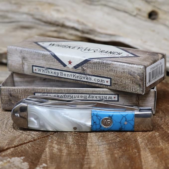 WHISKEY BENT HAT CO. Traditional Trapper Folding Pocket Knife 4.125 Closed Length 440C Stainless Steel Blades (Pearl Agate)