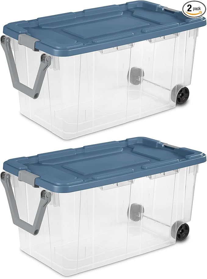 2-Pack 160-Quart Wheeled Storage Boxes - Extra Large Clear Plastic Bins with Blue Latch Lids Heavy Duty Rolling Totes for Garage Warehouse or Seasonal Storage