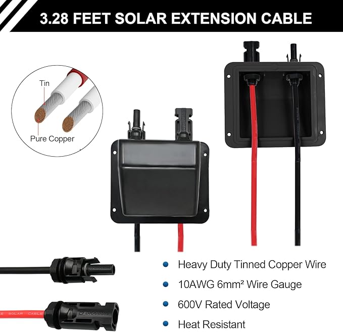 Solar Cable Entry Gland with 10AWG 3.28Ft Solar Extension Cable UV Resistance Waterproof Solar Junction Box for RV Boat Campe Van(Black)