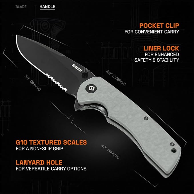 GRITR Stealth Folding Pocket Knife w/ 3.5 D2 Steel Blade for Military Hunting Camping Hiking – Gray Handle Partially-Serrated Blade with Black Titanium Finish